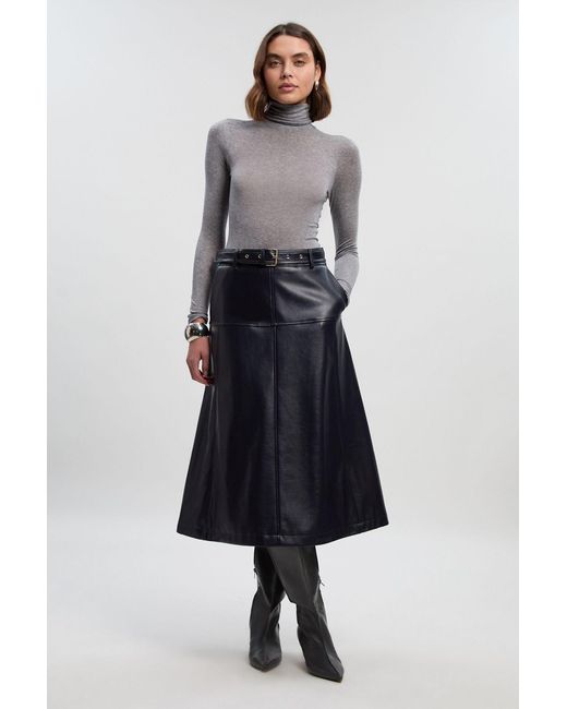 Karen Millen Blue Faux Leather Belted Full Skirt