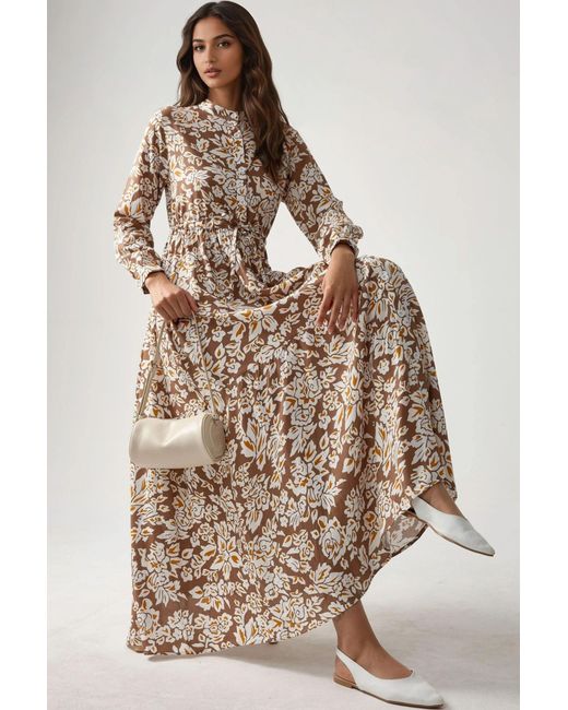 Hiccup Natural Printed Maxi Dress With Shirt Collar