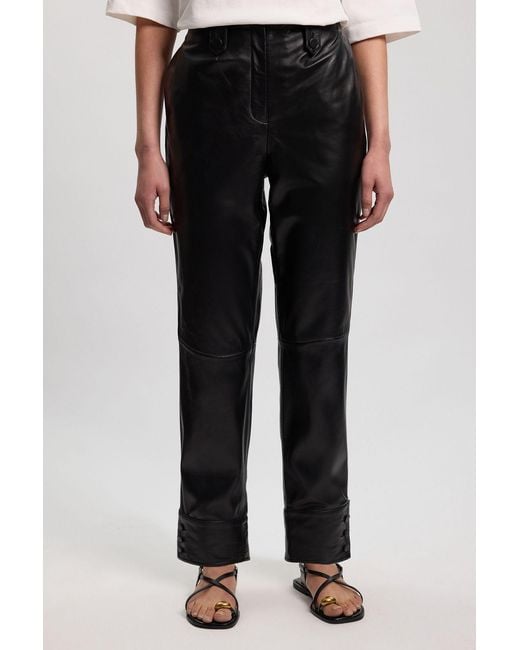 Karen Millen Black Leather Straight Leg Button Detail Trouser