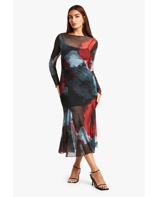 Boohoo Black Slash Neck Floral Mesh Print Godet Hem Midaxi Dress