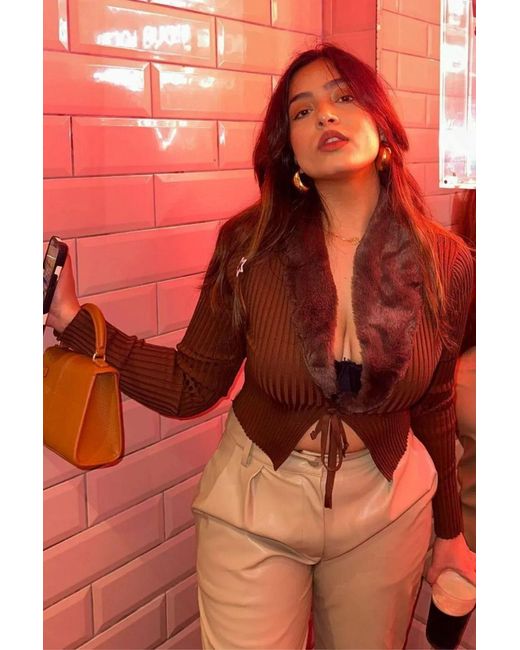 Hiccup Orange V Neck Knitted Lace Up Cropped Blouse With A Faux Fur Trim