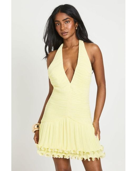 Boohoo Yellow Pleated Plisse Ruffle Hem Mini Dress