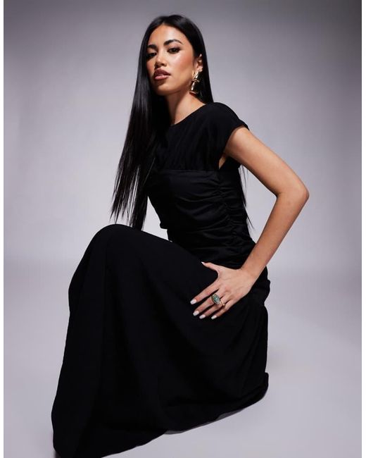 ASOS Black Crew Neck Midi Dress With Gathered Bodice