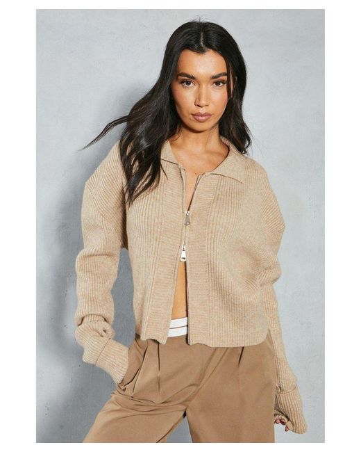MissPap Brown Knitted Ribbed Zip Through Cardigan