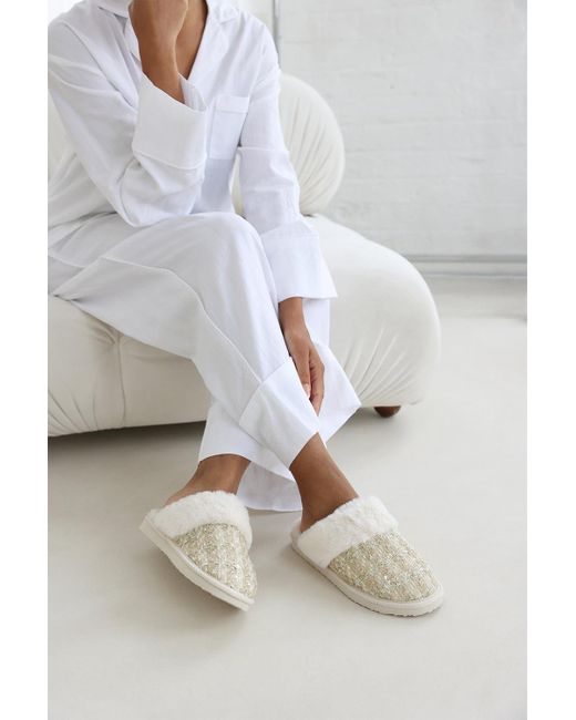 Where's That From Gray Wheres 'Celeste' Sequin Tweed Mule Slippers With Faux Fur Trim