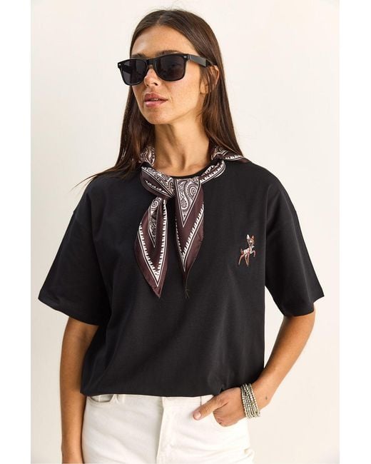 Bianco Lucci Black Loose Fit Crew Neck Embroidered T-Shirt