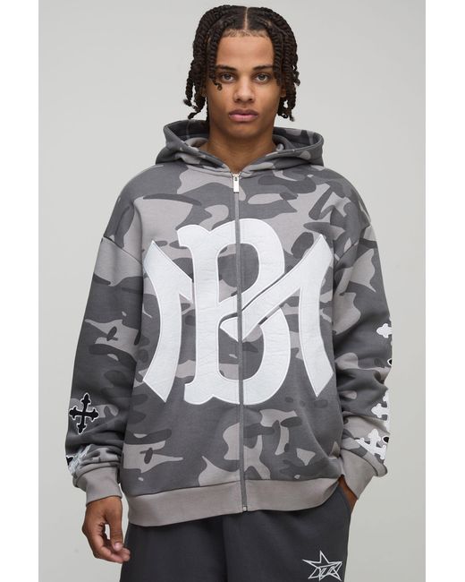 BoohooMAN Gray Oversized Cross Applique Camo Zip Through Hoodie for men