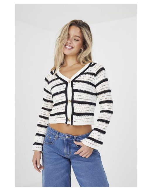 Brave Soul White 'Trixie' Striped V-Neck Knitted Cardigan Cotton/Acrylic