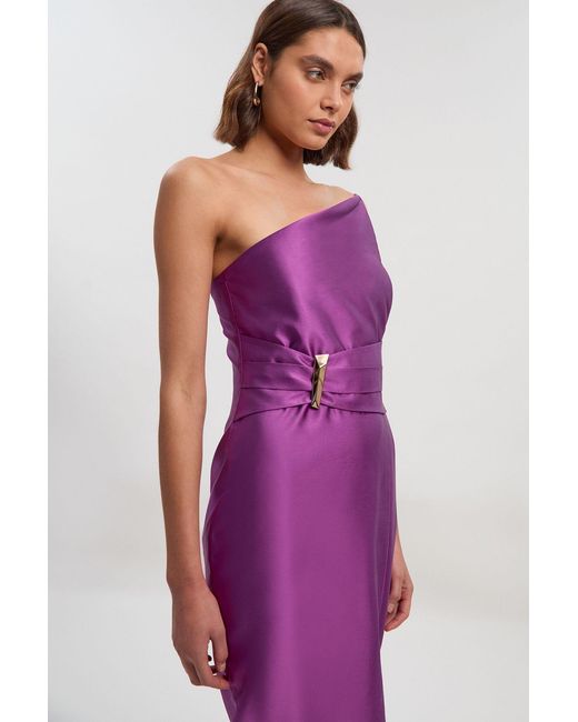 Karen Millen Purple Satin Twill Trim Detail Structured Asymmetric Neck Tailored Midi Dress