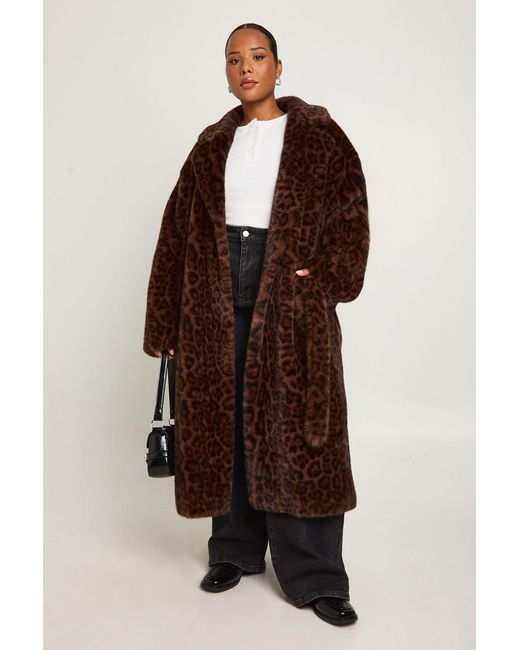 Boohoo Brown Plus Tie Waist Faux Fur Longline Jacket