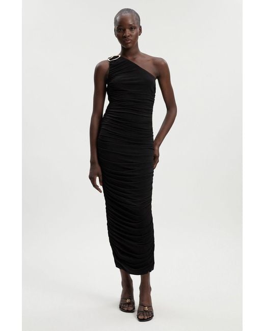 Karen Millen Black One Shoulder Drapey Crepe Trim Detail Ruched Maxi Dress