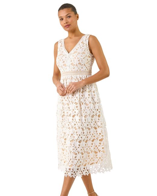 Roman White Lace Overlay V-Neck Midi Dress
