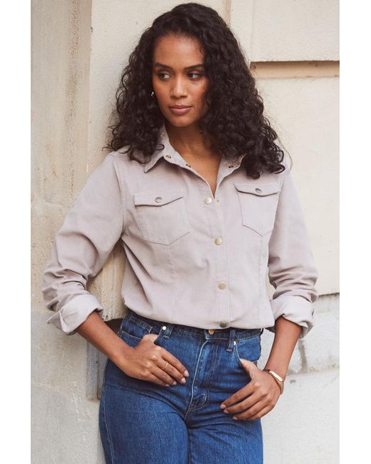 Sosandar White Taupe Corduroy Relaxed Fit Longline Shirt