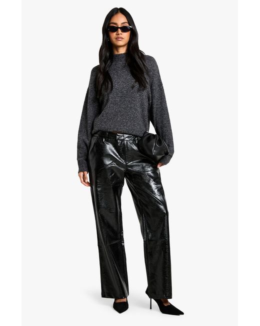 Boohoo Black Croc Pu Low Rise Straight Leg Trouser
