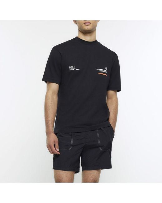 River Island Black T-Shirt Regular Fit Graphic Print Cotton for men