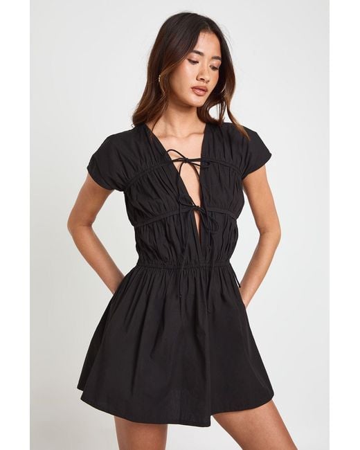 Boohoo Black Cotton Poplin Shirred Front Tie Mini Dress