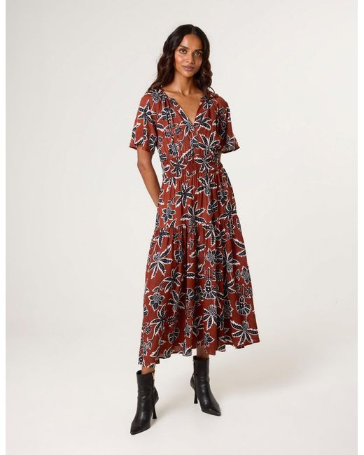 Blue Vanilla Red Notch Neck Elastic Tropical Print Dress