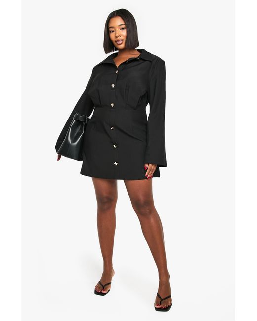Boohoo Black Plus Button Shift Shirt Dress