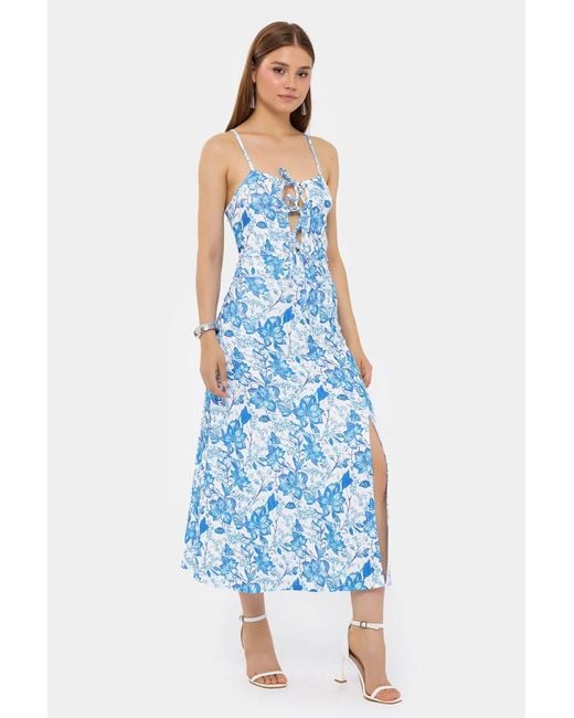 Hiccup Blue Floral Woven Midi Dress With Tie-Front