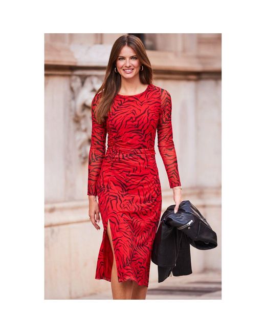Sosandar Red & Black Print Ruched Side Mesh Jersey Dress | Lyst UK