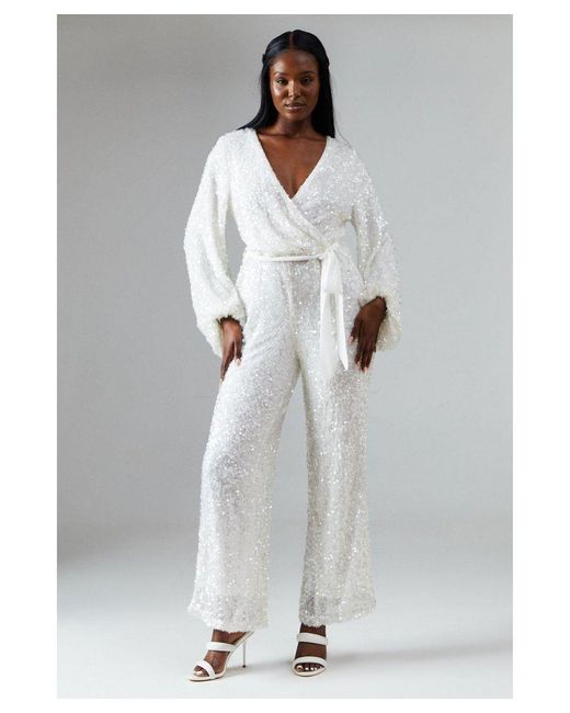 Coast Gray Chiffon Tie Balloon Sleeve Sequin Bridal Jumpsuit