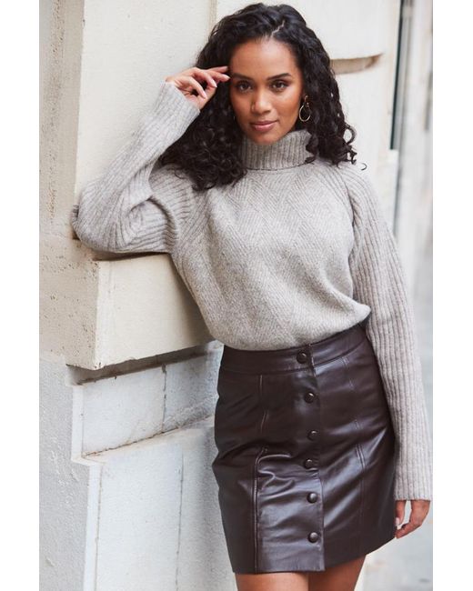 Sosandar Gray Mocha Stitch Detail Roll Neck Jumper
