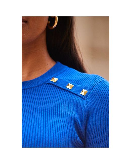 Sosandar Blue Cobalt Rib Knit Stud Detail Jumper
