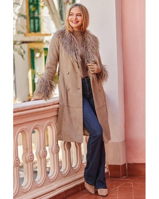 Sosandar Brown Taupe Luxe Faux Suede & Fur Afghan Coat