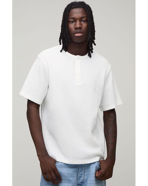 BoohooMAN White Regular Fit Waffle Henley T-Shirt for men