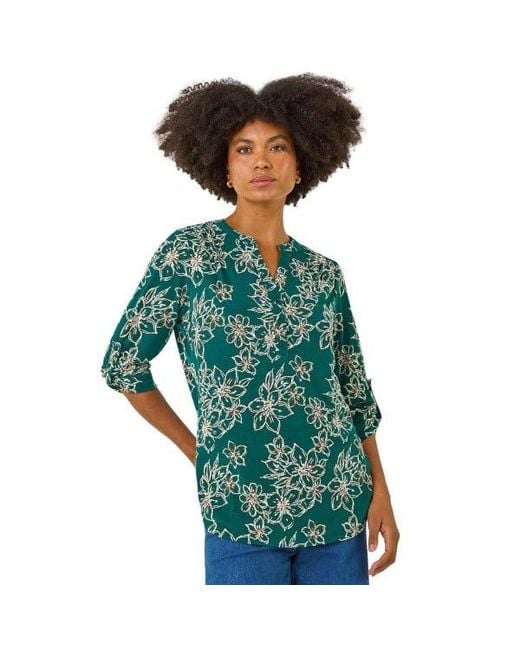 Roman Green Floral Puff Print Stretch Top