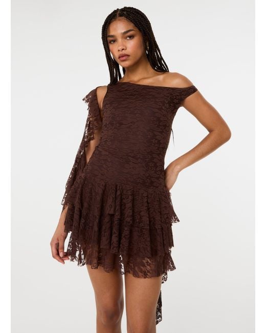 Pink Vanilla Brown Lace Ruffle Dress
