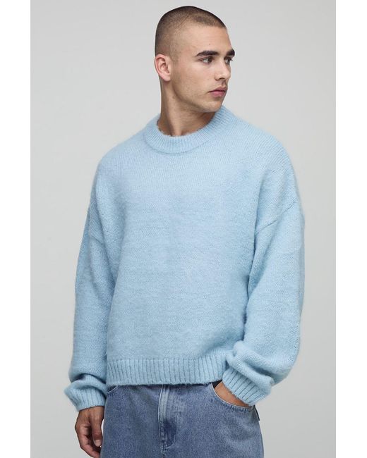 BoohooMAN Blue Boxy Fit Brushed Extended Neck Knitted Jumper for men