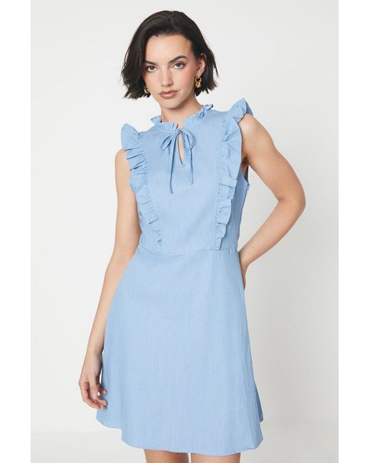 Oasis Blue Chambray Lace Trim Ruffle Mini Dress