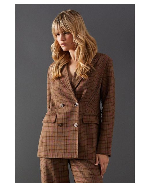 Warehouse Premium Oversized Heritage Check Fringed Blazer in Brown Lyst UK