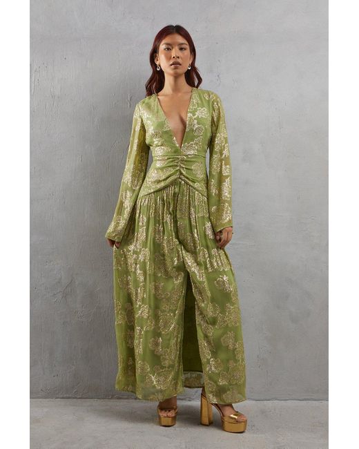 Warehouse Green Metallic V Plunge Maxi Dress