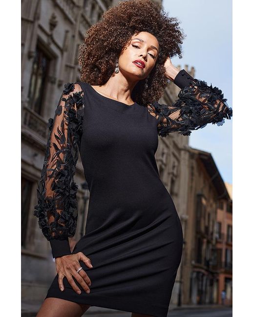 Sosandar Black Floral Organza Sleeve Dress
