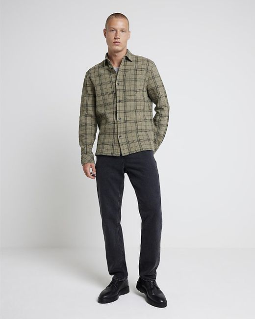 River Island Green Shirt Regular Fit Waffle Texture Check for men
