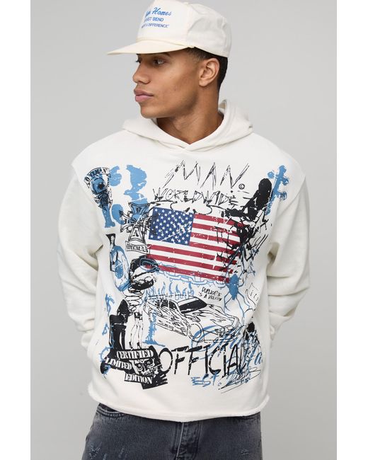 BoohooMAN Gray Oversized Hemless Loopback Graphic Hoodie for men