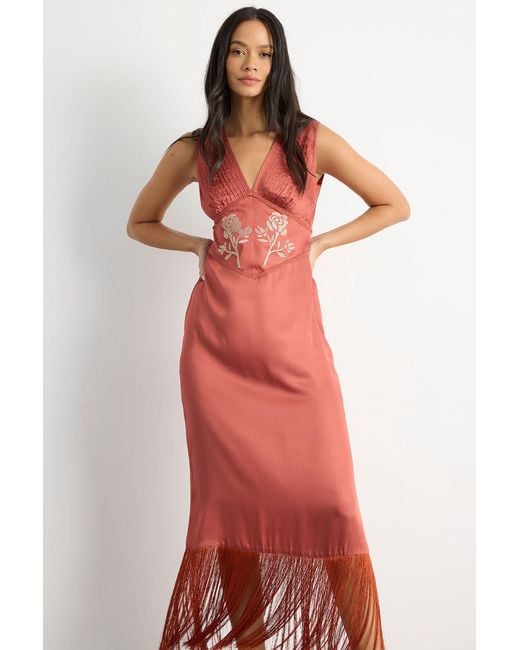 Warehouse Embroidered And Pintuck Detail Midi Dress With Fringing