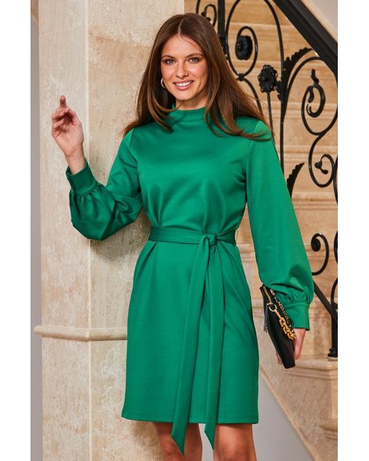 Sosandar Green Jade High Neck Belted Shift Jersey Dress