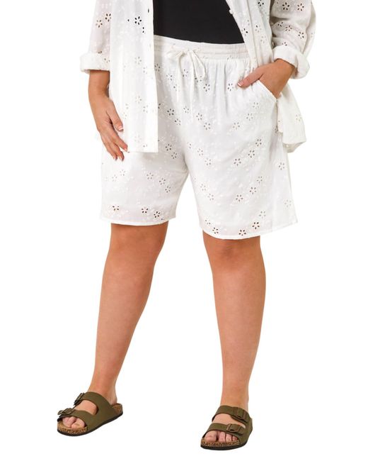 Roman White Curve Tie Waist Broderie Short