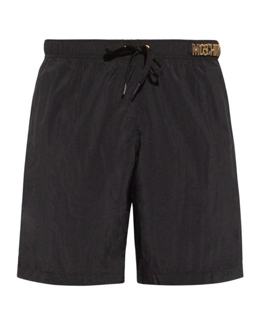 Moschino Black Metal Logo Long Swim Shorts Textile for men