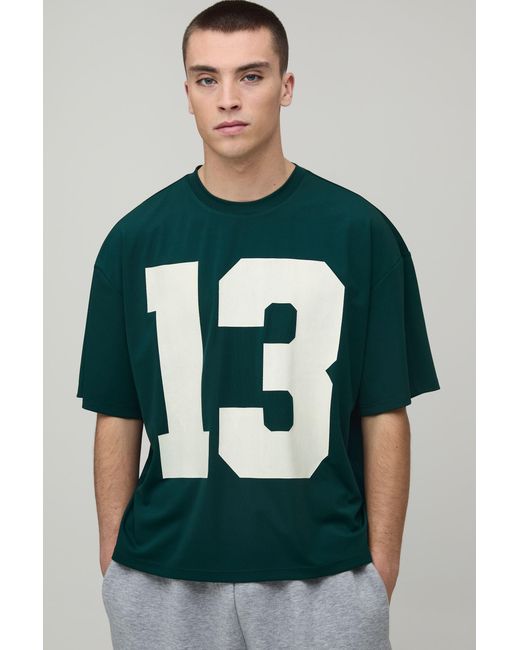 BoohooMAN Green Oversized Boxy Varsity 13 Printed Scuba T-Shirt for men