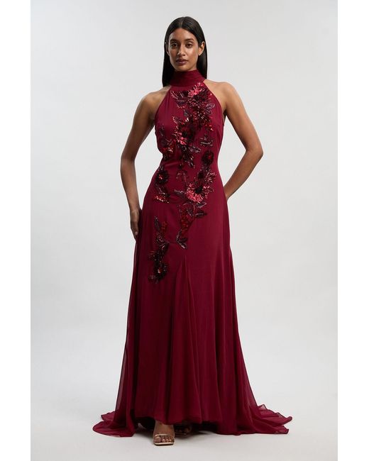 Karen Millen Red Petite Georgette Feather Embellished Halter Neck Woven Maxi Dress