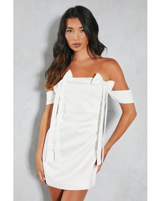 MissPap White Premium Satin Bardot Bow Detail Bodycon Mini Dress