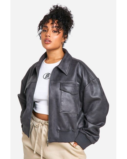 Boohoo Gray Plus Faux Suede Bomber Jacket