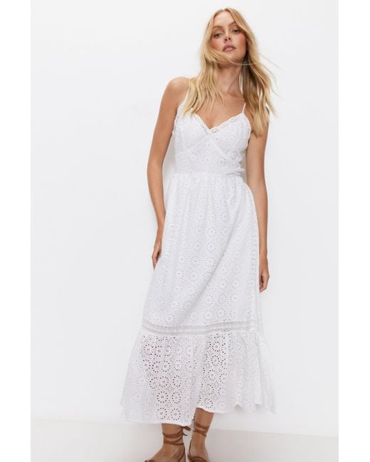Warehouse White Strappy Broderie Maxi Dress