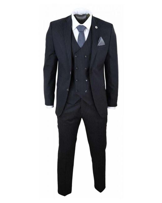 TruClothing Black 3 Piece Pinstripe Retro Suit for men