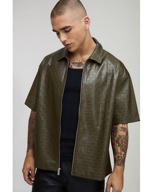 BoohooMAN Green Short Sleeve Pu Woven Boxy Zip Up Overshirt for men