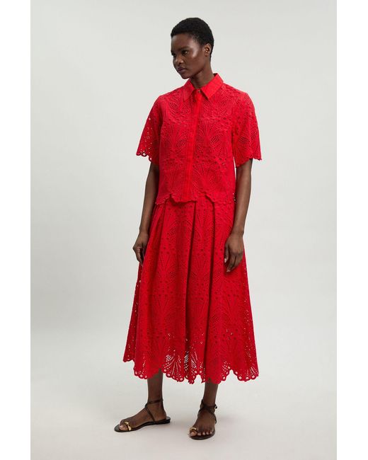 Karen Millen Red Cotton Broderie Short Sleeve Blouse